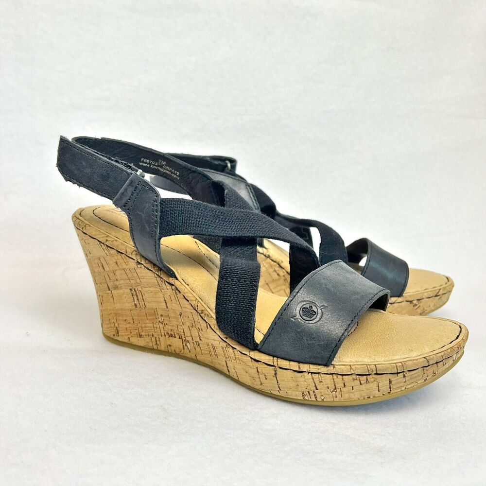 Born Wedge Sandals Women's 7M Black Tan Leather Comfort Cork Platform Strappy